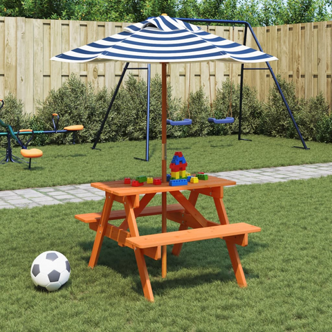 vidaXL Kids Picnic Table with Umbrella - Solid Fir Wood, Blue & White, 4 Seater Outdoor Set