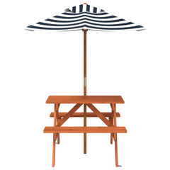 vidaXL Kids Picnic Table with Umbrella - Solid Fir Wood, Blue & White, 4 Seater Outdoor Set