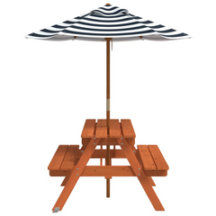 vidaXL Kids Picnic Table with Umbrella - Solid Fir Wood, Blue & White, 4 Seater Outdoor Set