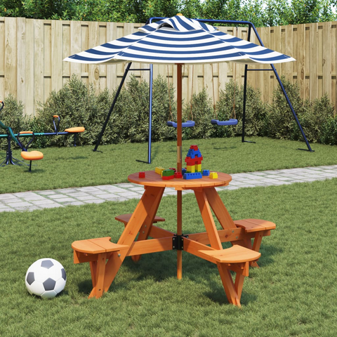 vidaXL Kids Picnic Table with Umbrella - Round Solid Wood Fir, Brown