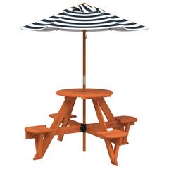 vidaXL Kids Picnic Table with Umbrella - Round Solid Wood Fir, Brown