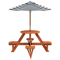 vidaXL Kids Picnic Table with Umbrella - Round Solid Wood Fir, Brown