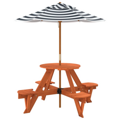 vidaXL Kids Picnic Table with Umbrella - Round Solid Wood Fir, Brown