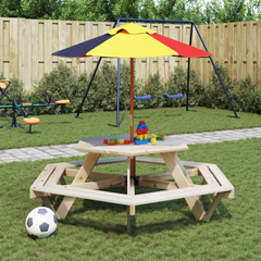 Hexagon Picnic Table with Umbrella for 6 Kids, Solid Fir Wood Construction