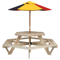 Hexagon Picnic Table with Umbrella for 6 Kids, Solid Fir Wood Construction