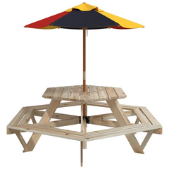 Hexagon Picnic Table with Umbrella for 6 Kids, Solid Fir Wood Construction