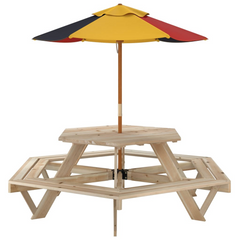 Hexagon Picnic Table with Umbrella for 6 Kids, Solid Fir Wood Construction