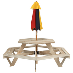 Hexagon Picnic Table with Umbrella for 6 Kids, Solid Fir Wood Construction