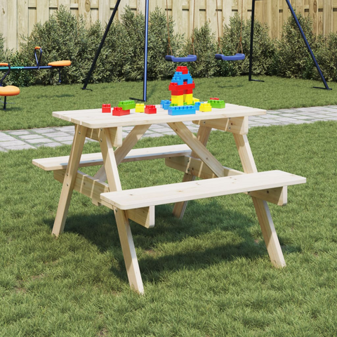 vidaXL Kids Wooden Picnic Table with Umbrella Hole - Outdoor Play Table & Benches for 4 Children, Solid Fir Wood, Durable & Stable Design