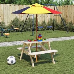 vidaXL Kids Wooden Picnic Table with Umbrella Hole - Outdoor Play Table & Benches for 4 Children, Solid Fir Wood, Durable & Stable Design