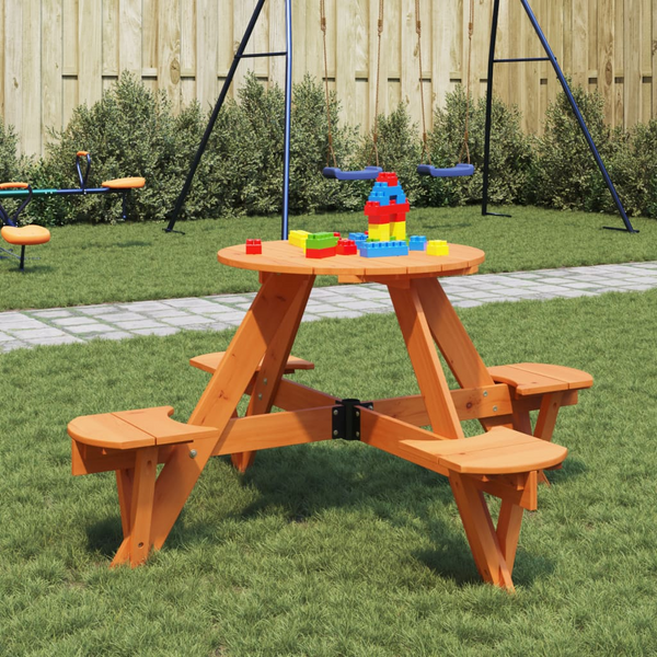 Solid Wood Kids Picnic Table, Round Fir Wood Outdoor Table with Umbrella Hole, Perfect for Garden and Patio