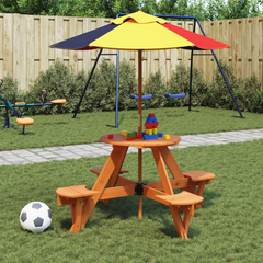 Solid Wood Kids Picnic Table, Round Fir Wood Outdoor Table with Umbrella Hole, Perfect for Garden and Patio