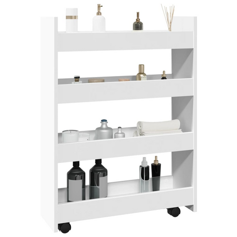 4-Tier Narrow Storage Trolley in White | Engineered Wood Rolling Cart with Lockable Wheels