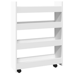 4-Tier Narrow Storage Trolley in White | Engineered Wood Rolling Cart with Lockable Wheels