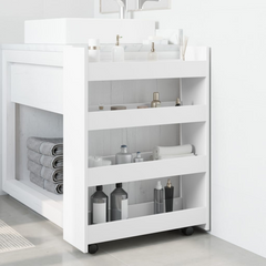 4-Tier Narrow Storage Trolley in White | Engineered Wood Rolling Cart with Lockable Wheels