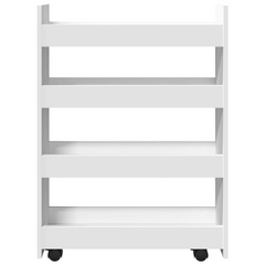 4-Tier Narrow Storage Trolley in White | Engineered Wood Rolling Cart with Lockable Wheels