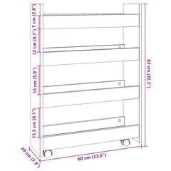 4-Tier Narrow Storage Trolley in White | Engineered Wood Rolling Cart with Lockable Wheels