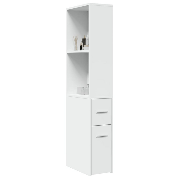 Narrow Bathroom Cupboard with Wheels - Tall, White Engineered Wood Storage Solution, 135 cm High