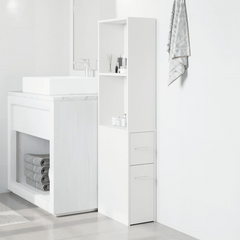 Narrow Bathroom Cupboard with Wheels - Tall, White Engineered Wood Storage Solution, 135 cm High