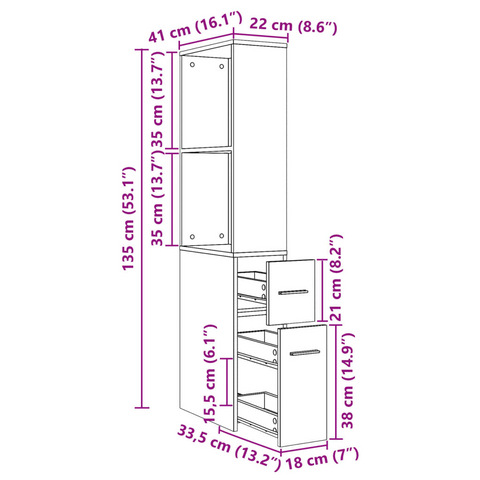 Narrow Bathroom Cupboard with Wheels - Tall, White Engineered Wood Storage Solution, 135 cm High