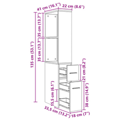 Narrow Bathroom Cupboard with Wheels - Tall, White Engineered Wood Storage Solution, 135 cm High