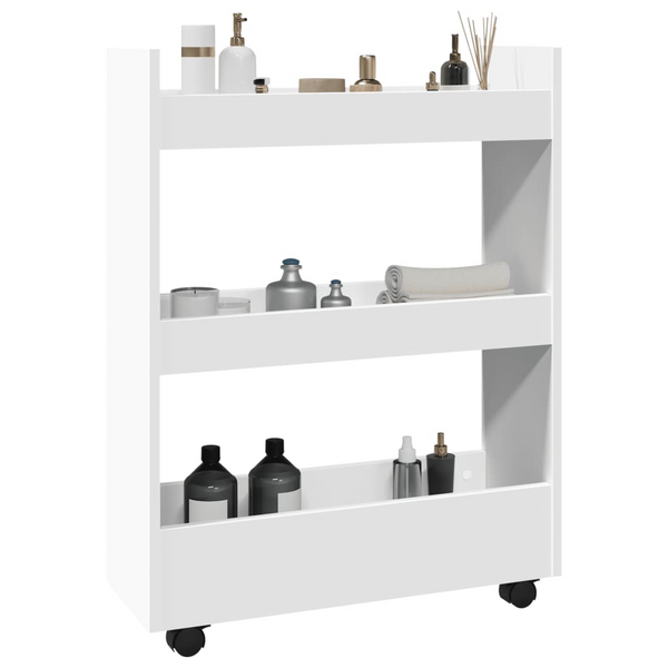 3-Tier Narrow Storage Trolley in White - Engineered Wood, Versatile Rolling Cart for Home, Kitchen, and Bathroom