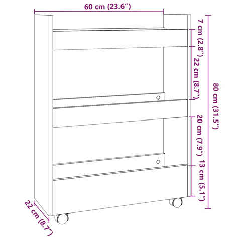 3-Tier Narrow Storage Trolley in White - Engineered Wood, Versatile Rolling Cart for Home, Kitchen, and Bathroom