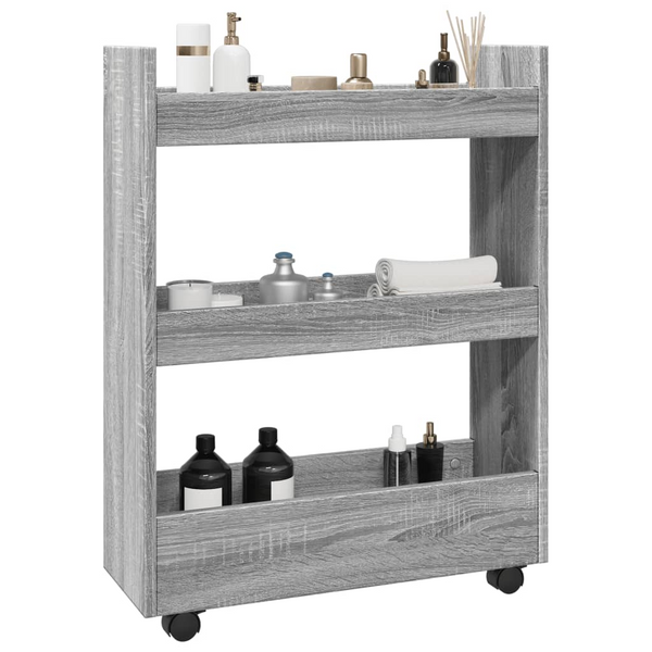 3 Tier Narrow Storage Trolley in Grey Sonoma Engineered Wood - Mobile Utility Organizer for Kitchen, Bathroom, and Living Room