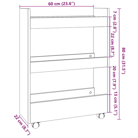 3 Tier Narrow Storage Trolley in Grey Sonoma Engineered Wood - Mobile Utility Organizer for Kitchen, Bathroom, and Living Room