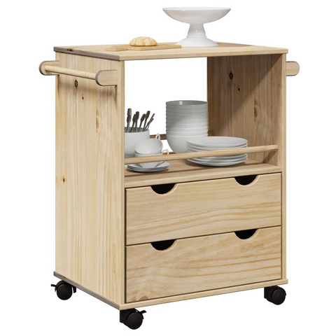 Kitchen Trolley 59x45x80 cm - Solid Pine Wood with Honey Wax Finish and Lockable Wheels