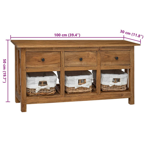 Rustic Mahogany Wood Sideboard with Rattan Baskets & Drawers - 100x30x50 cm