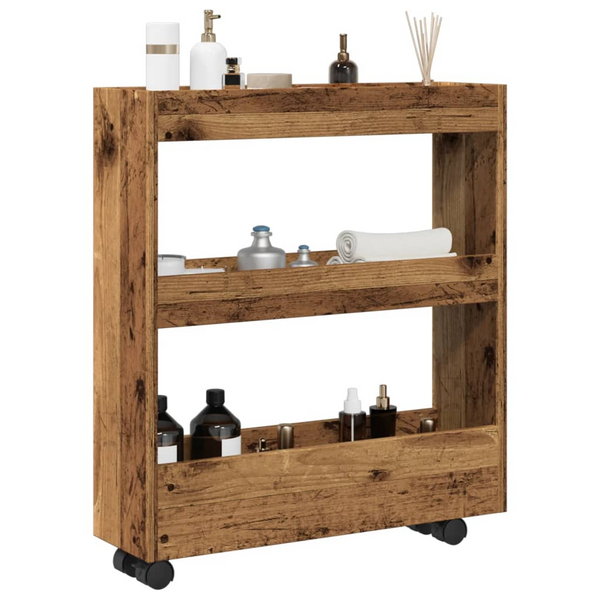 3 Tier Narrow Storage Trolley - Old Wood Finish, Durable Engineered Wood