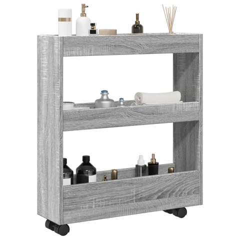 3-Tier Narrow Storage Trolley in Grey Sonoma - Engineered Wood, Mobile with Lockable Wheels