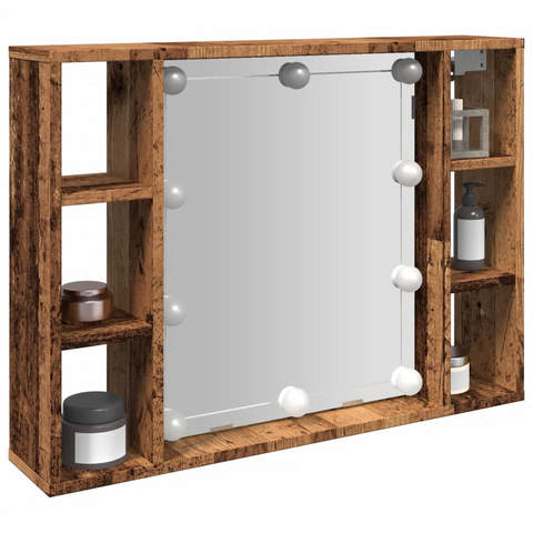 Mirror Cabinet with LED Lighting - Rustic Old Wood Finish, 76x15x55 cm - Engineered Wood, Wall-Mounted Storage Solution for Bathrooms