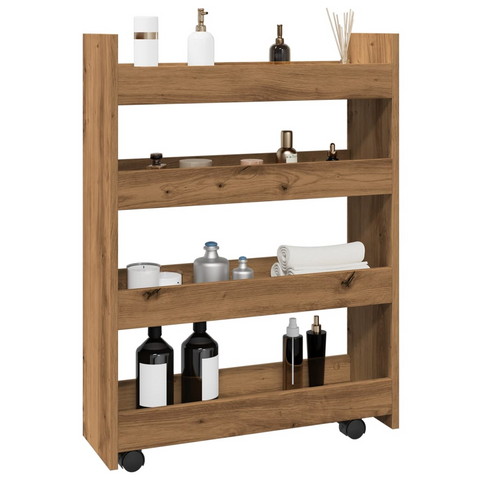 4-Tier Narrow Storage Trolley in Artisan Oak - Engineered Wood, Versatile Rolling Cart for Home, Kitchen & Bathroom